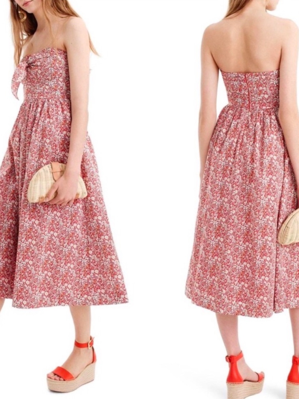 J. Crew Strapless Floral Midi Dress in Dusty Rose